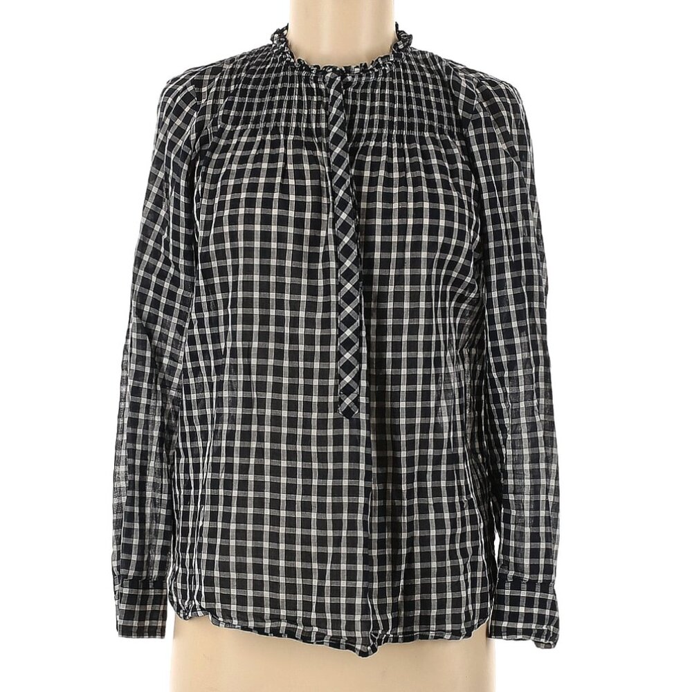 J Crew Navy and White Plaid Popover Cotton Summer Blouse Womens Top 6 Medium